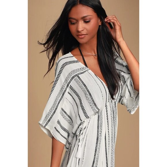 En Creme Boho Striped Low Neck Maxi Dress Blue White Women S - Picture 7 of 15